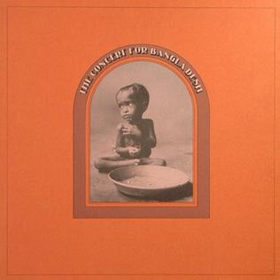 The cover for The Concert for Bangladesh album features a black and white photo of a thin, naked Bangladeshi baby sitting before a large empty food bowl. The photo has an arched top, and the title is printed in white letters on a brown background in a border around the photo. The background of most of the album color is dark orange.