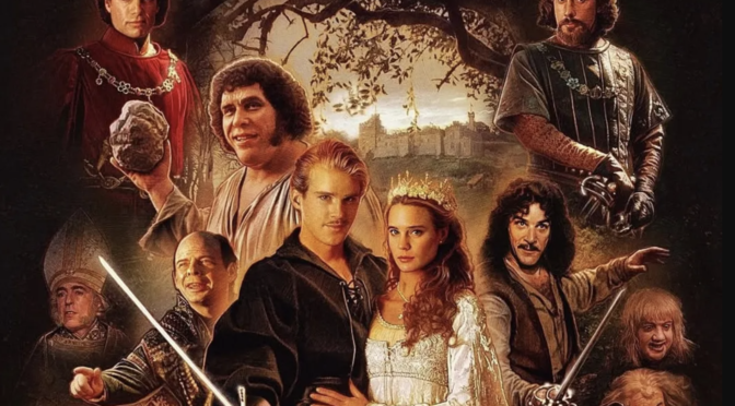 A detail from the movie poster for the 1987 film The Princess Bride showing photos of about a dozen characters overlapping in a collage-style image